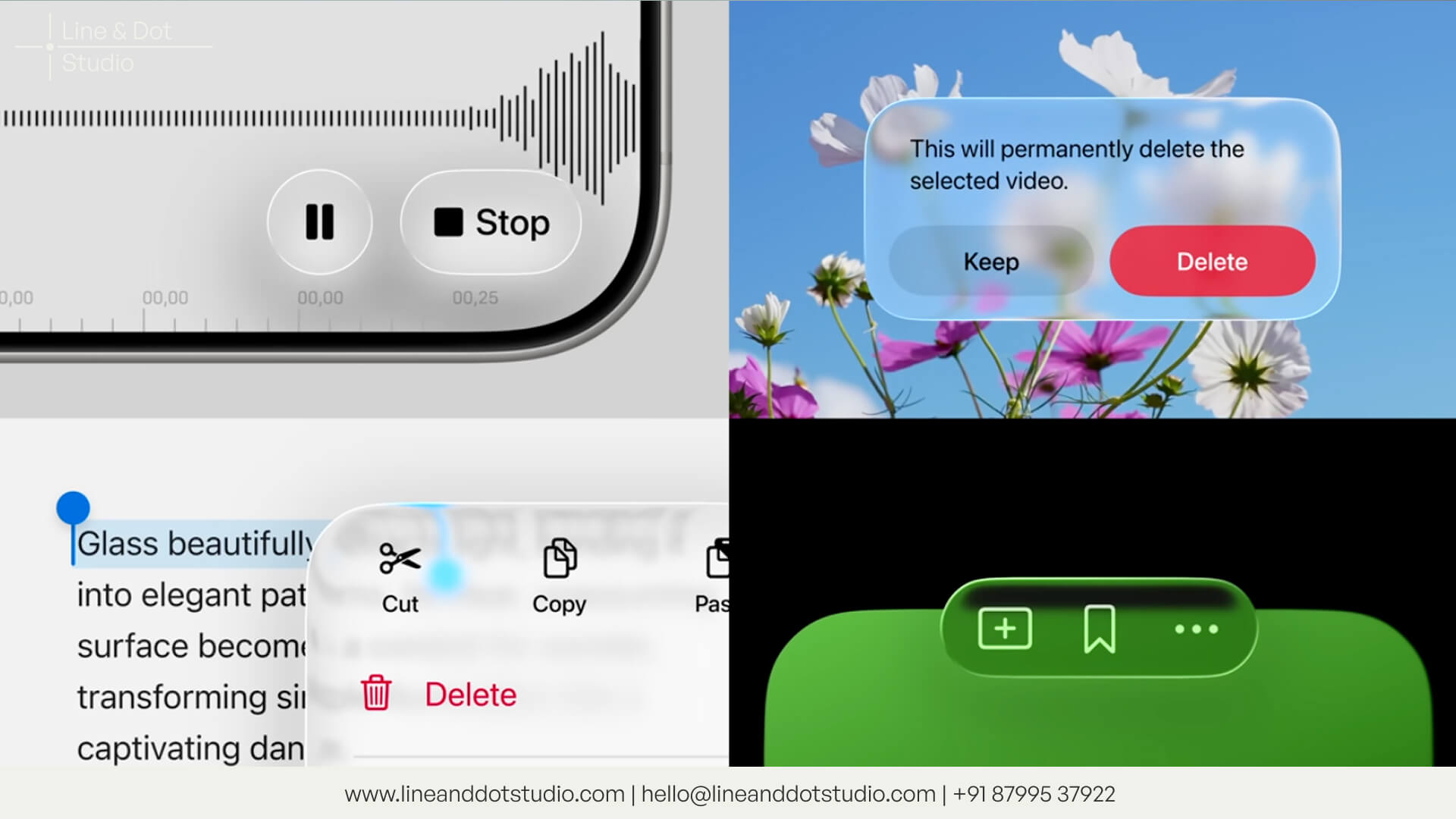 four images explaining the design and the use cases of the liquid glass design effect by Apple