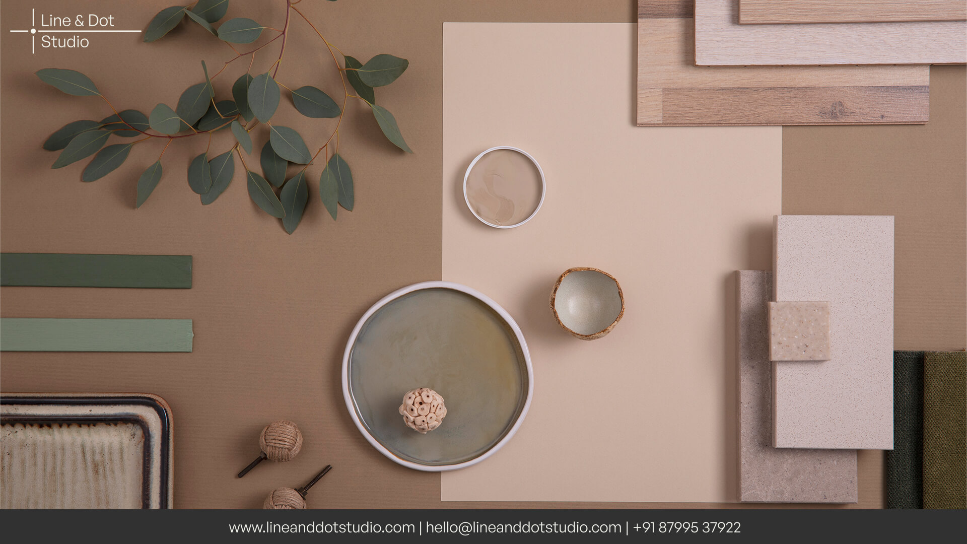 Neutral interior design moodboard and color palette with warm beige and muted gray colors with earthy, wood and linen textures for Japandi and Scandinavian homes