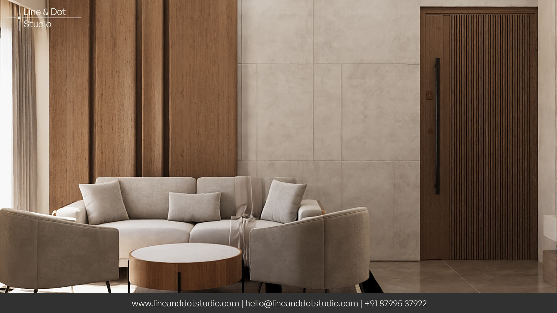 Japandi design style living room designed by the best interior designers at Line and Dot Studio with linen sofa, natural textures and earthy tones