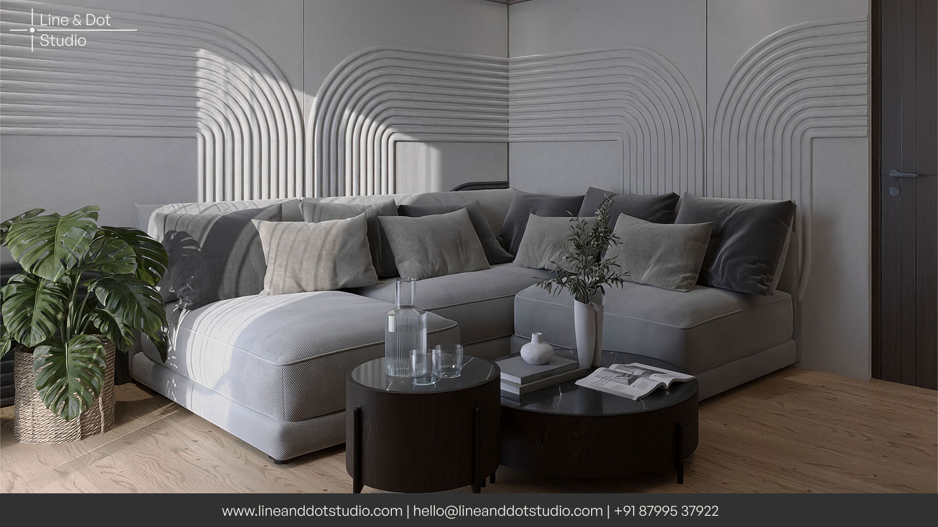 Spacious Japandi style guest room with clean lines, light colors, and minimal furniture