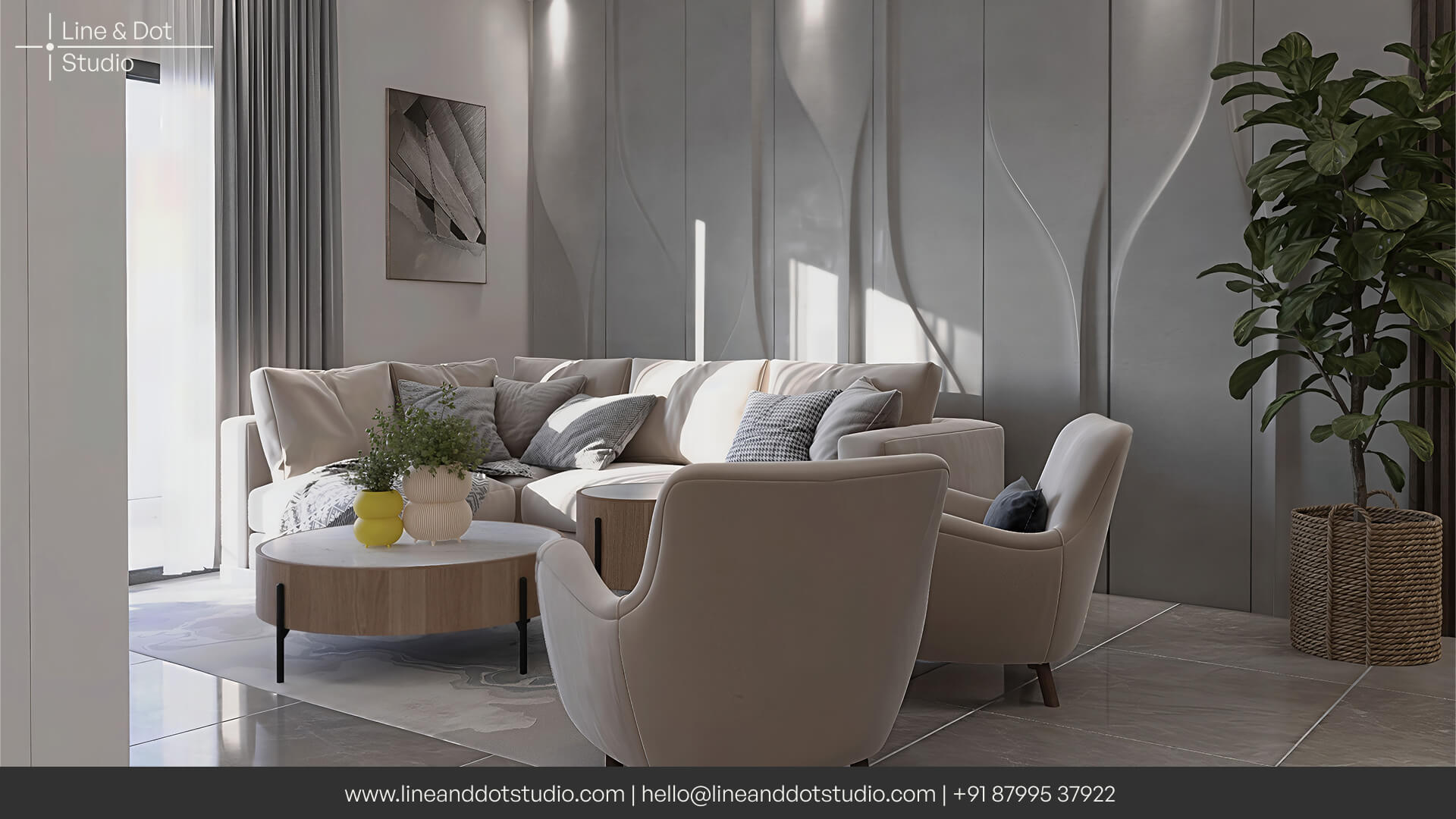 Scandinavian design style inspired living room with neutral beige colors and textured concrete wall by interior designers and 3D rendering experts Line and Dot Studio