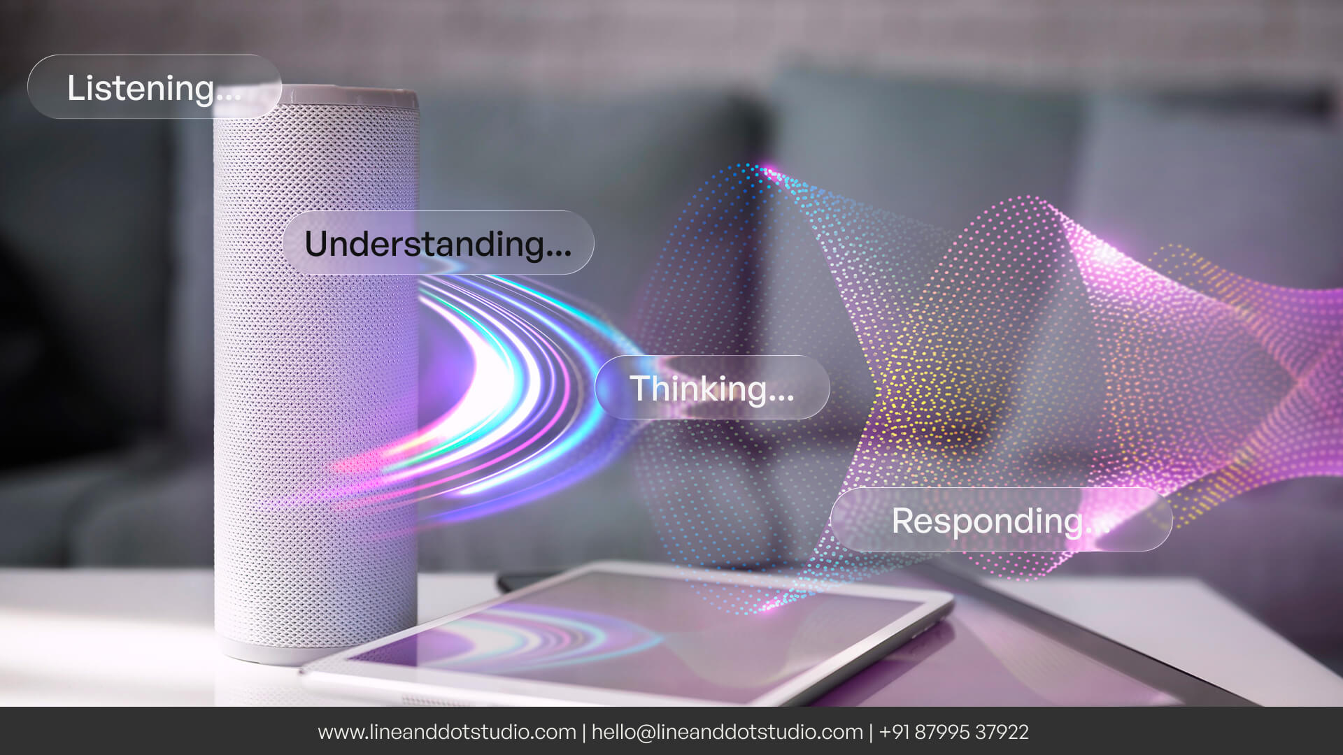 Voice user interface process diagram showing how VUI systems listen, understand, process and respond