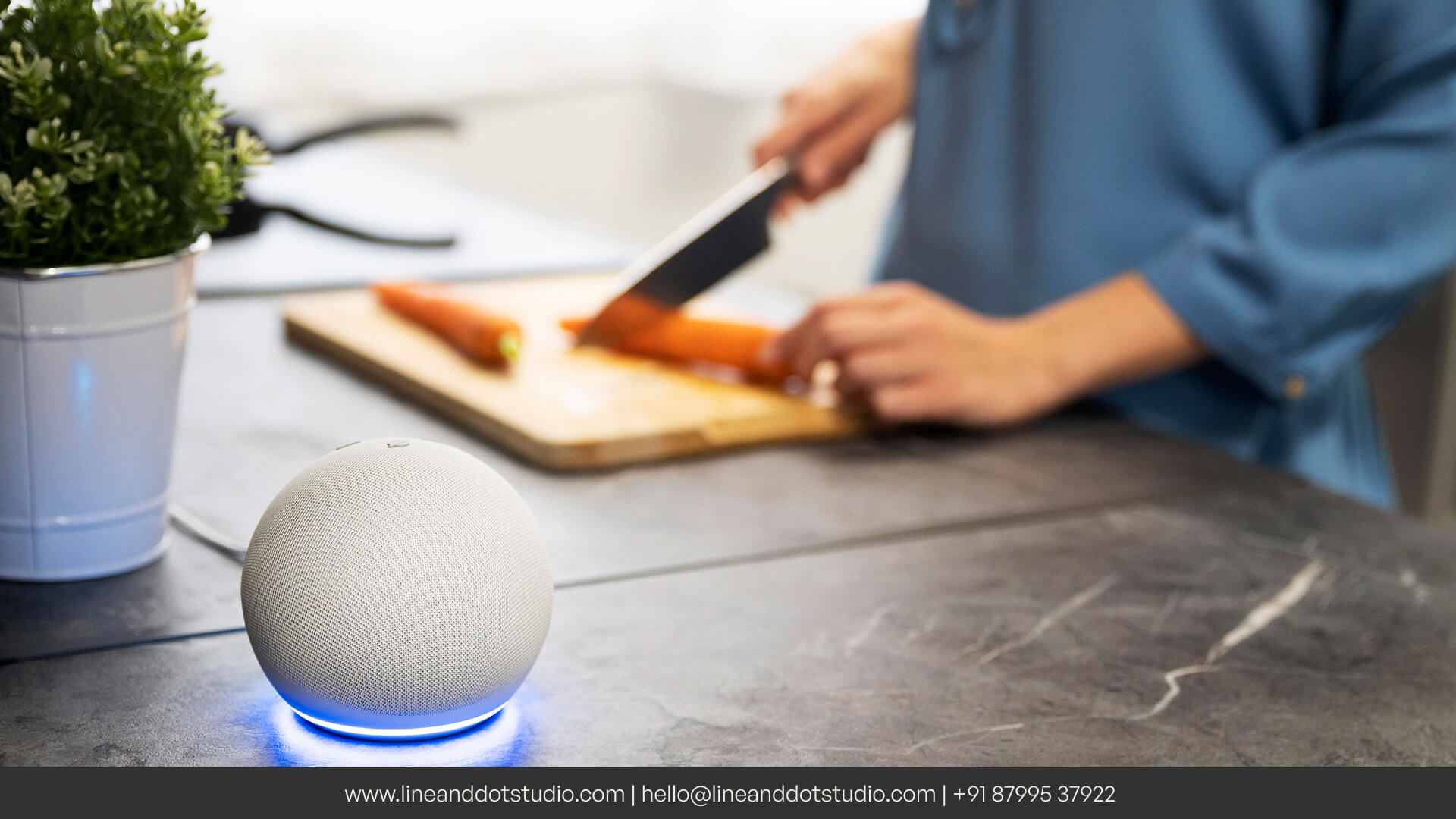 Person using voice user interface hands-free while cooking with smart speaker